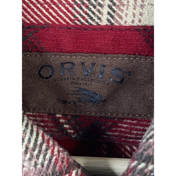 Orvis Big Bear Heavyweight Flannel Shirt Men’s L Red Check Plaid Shacket Pockets - Picture 6 of 16